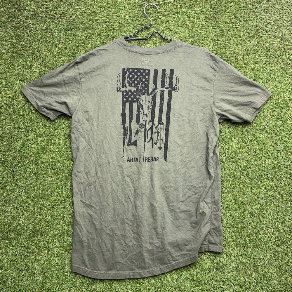 Ariat Rebar Pocket Shirt Mens Medium Olive Green American Flag Artillery Print